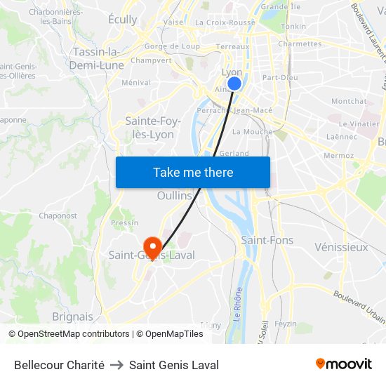 Bellecour Charité to Saint Genis Laval map