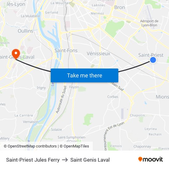 Saint-Priest Jules Ferry to Saint Genis Laval map