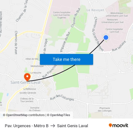 Pav. Urgences - Métro B to Saint Genis Laval map