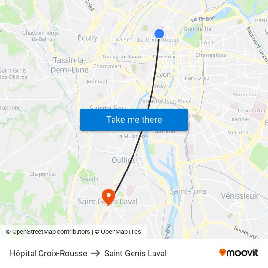 Hôpital Croix-Rousse to Saint Genis Laval map