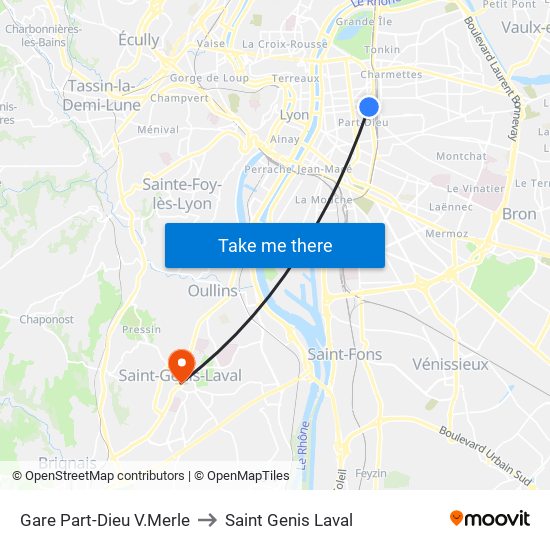Gare Part-Dieu V.Merle to Saint Genis Laval map