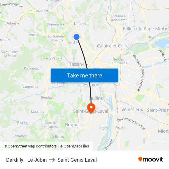 Dardilly - Le Jubin to Saint Genis Laval map