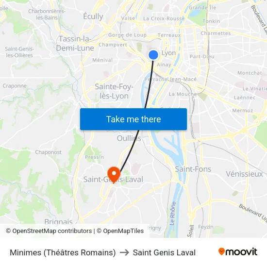 Minimes (Théâtres Romains) to Saint Genis Laval map