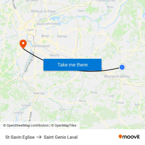 St-Savin Eglise to Saint Genis Laval map