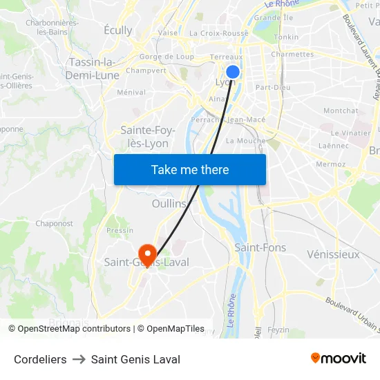 Cordeliers to Saint Genis Laval map