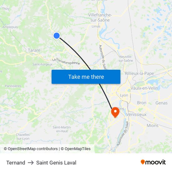 Ternand to Saint Genis Laval map