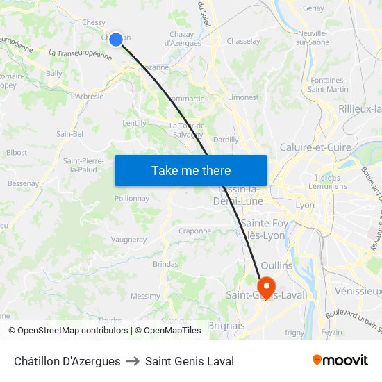 Châtillon D'Azergues to Saint Genis Laval map