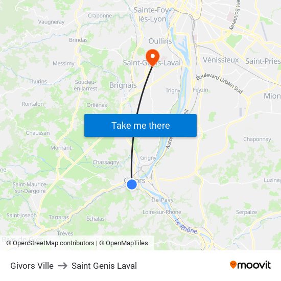 Givors Ville to Saint Genis Laval map