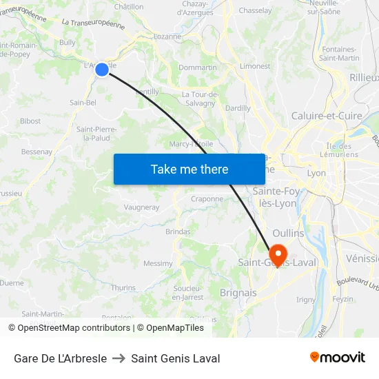 Gare De L'Arbresle to Saint Genis Laval map