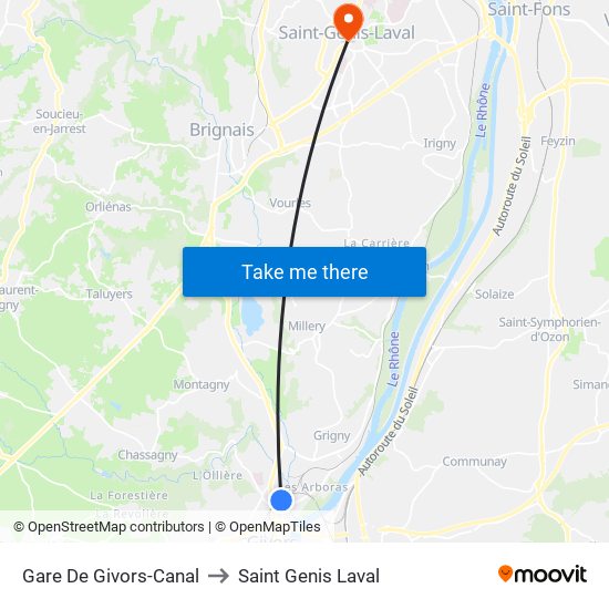 Gare De Givors-Canal to Saint Genis Laval map