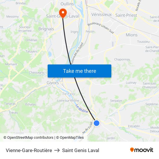 Vienne-Gare-Routière to Saint Genis Laval map