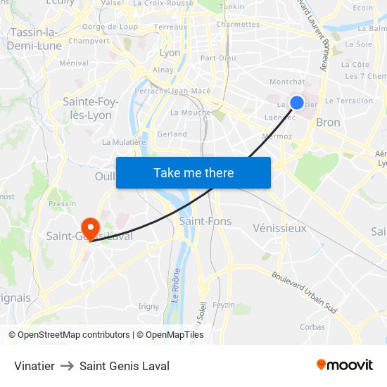 Vinatier to Saint Genis Laval map