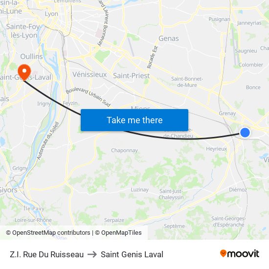 Z.I. Rue Du Ruisseau to Saint Genis Laval map