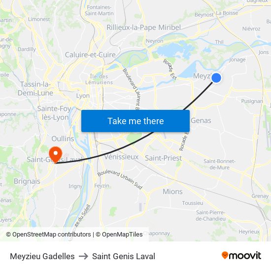 Meyzieu Gadelles to Saint Genis Laval map