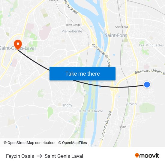 Feyzin Oasis to Saint Genis Laval map