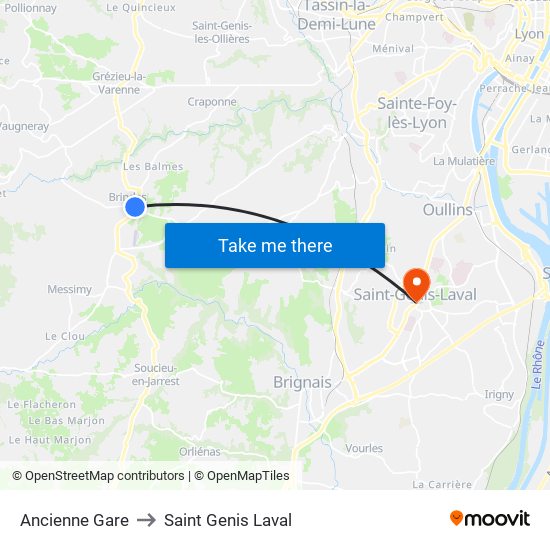 Ancienne Gare to Saint Genis Laval map