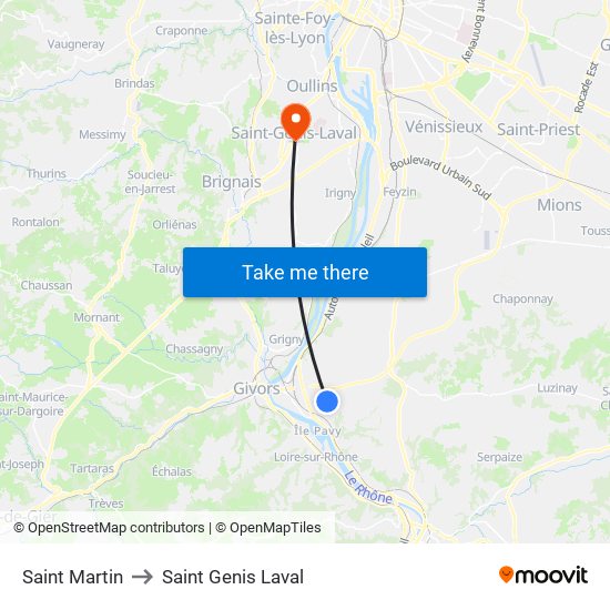 Saint Martin to Saint Genis Laval map