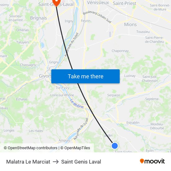 Malatra Le Marciat to Saint Genis Laval map