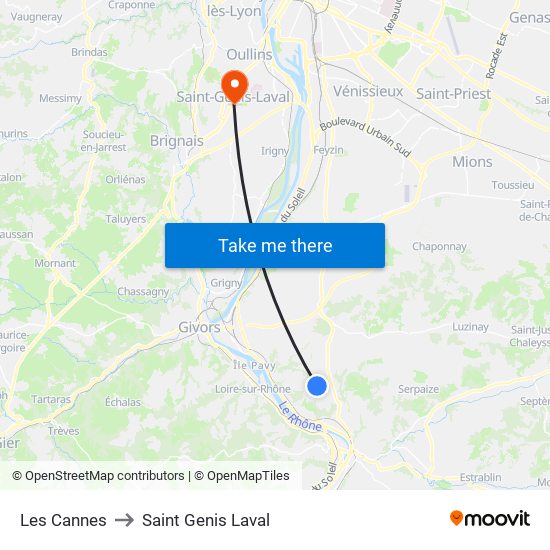 Les Cannes to Saint Genis Laval map