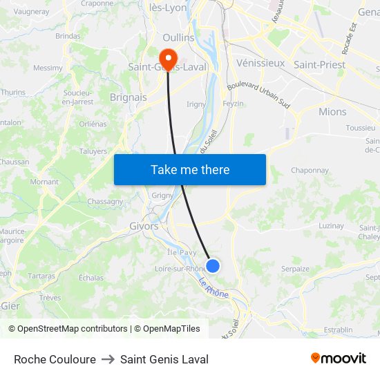 Roche Couloure to Saint Genis Laval map