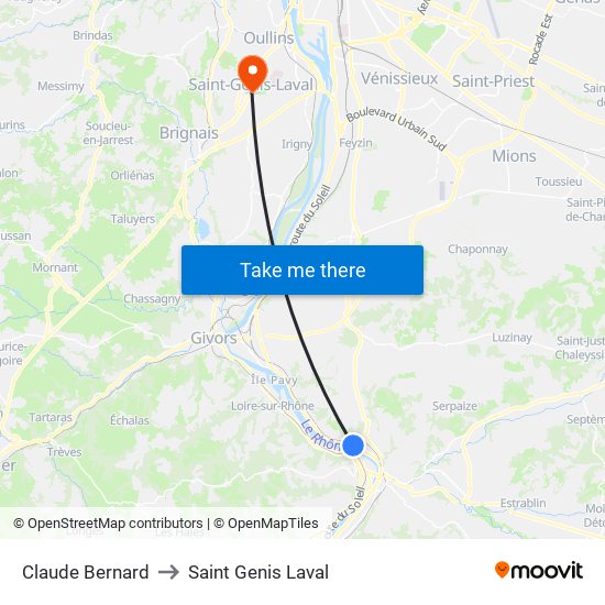 Claude Bernard to Saint Genis Laval map