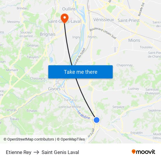 Etienne Rey to Saint Genis Laval map