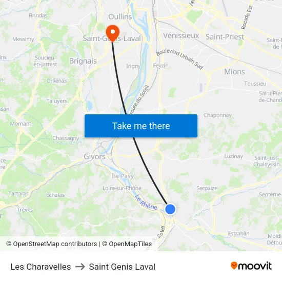 Les Charavelles to Saint Genis Laval map