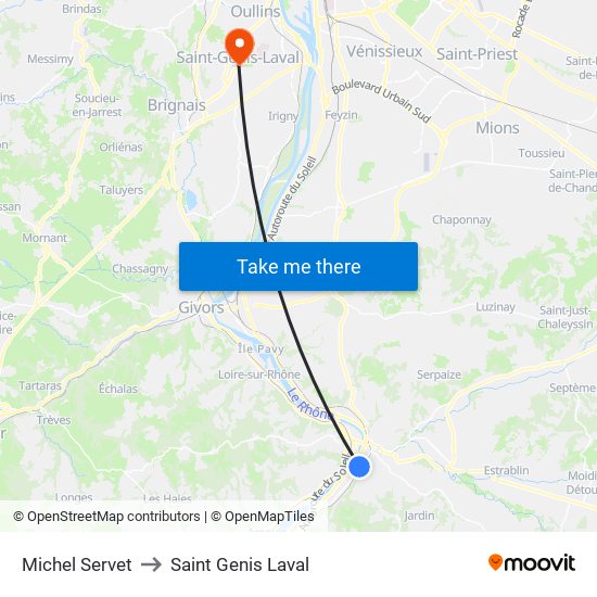 Michel Servet to Saint Genis Laval map