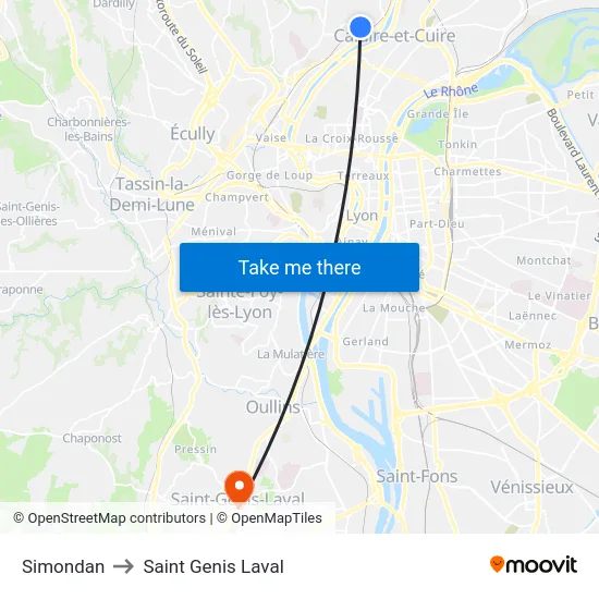 Simondan to Saint Genis Laval map