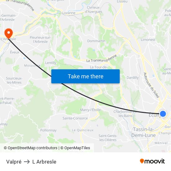 Valpré to L Arbresle map