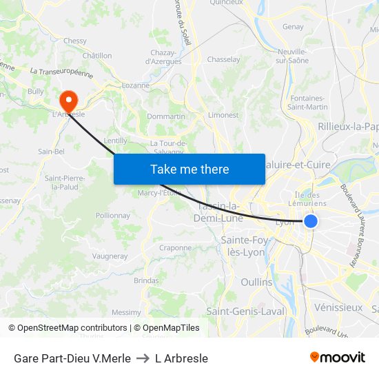 Gare Part-Dieu V.Merle to L Arbresle map