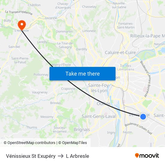 Vénissieux St Exupéry to L Arbresle map