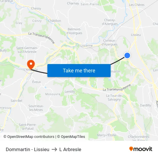 Dommartin - Lissieu to L Arbresle map