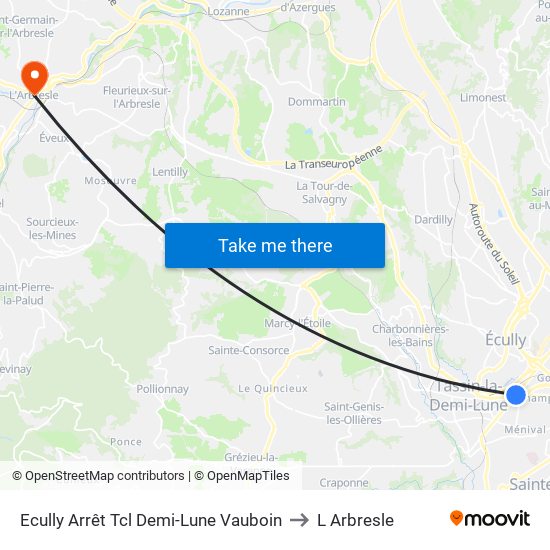 Ecully Arrêt Tcl Demi-Lune Vauboin to L Arbresle map