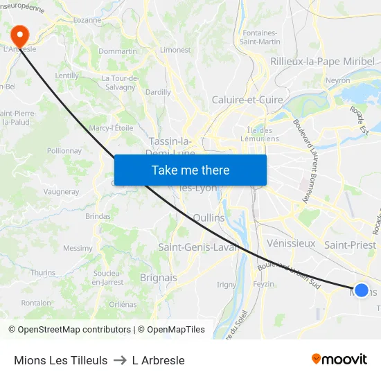 Mions Les Tilleuls to L Arbresle map