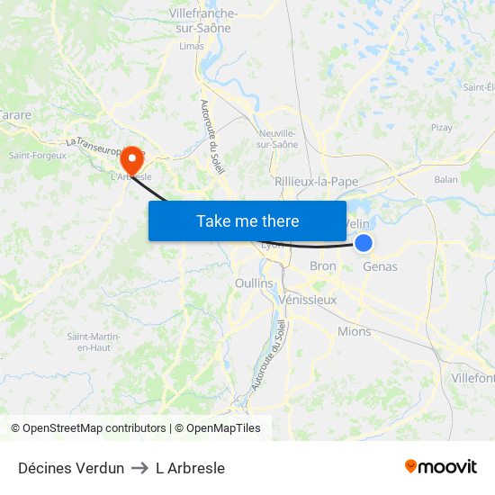 Décines Verdun to L Arbresle map
