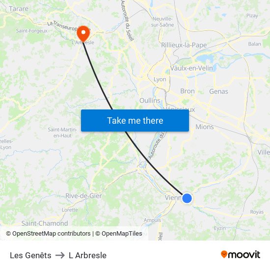 Les Genêts to L Arbresle map