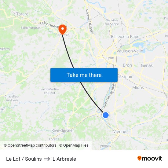 Le Lot / Soulins to L Arbresle map