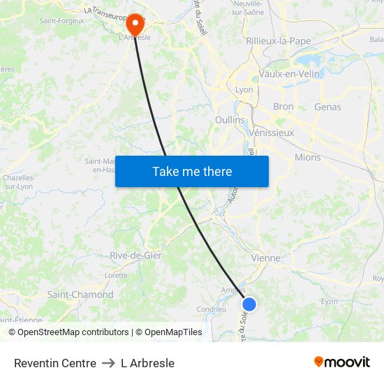 Reventin Centre to L Arbresle map