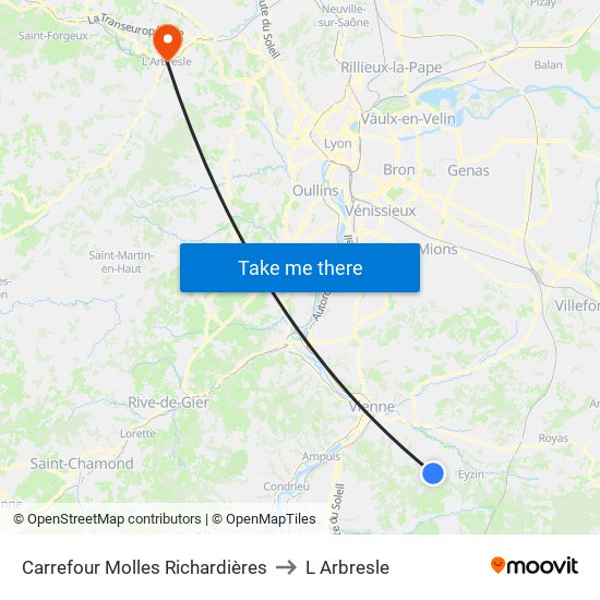 Carrefour Molles Richardières to L Arbresle map