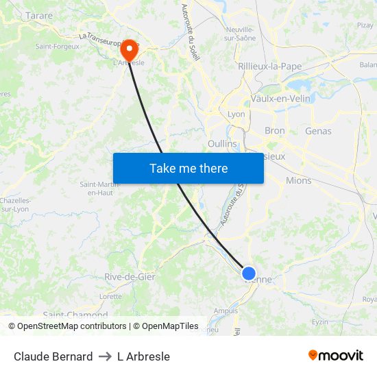 Claude Bernard to L Arbresle map