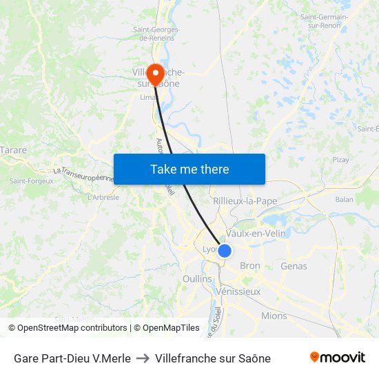 Gare Part-Dieu V.Merle to Villefranche sur Saône map