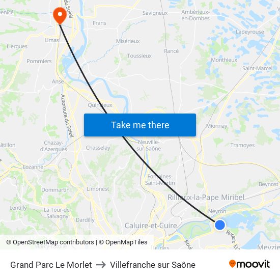 Grand Parc Le Morlet to Villefranche sur Saône map