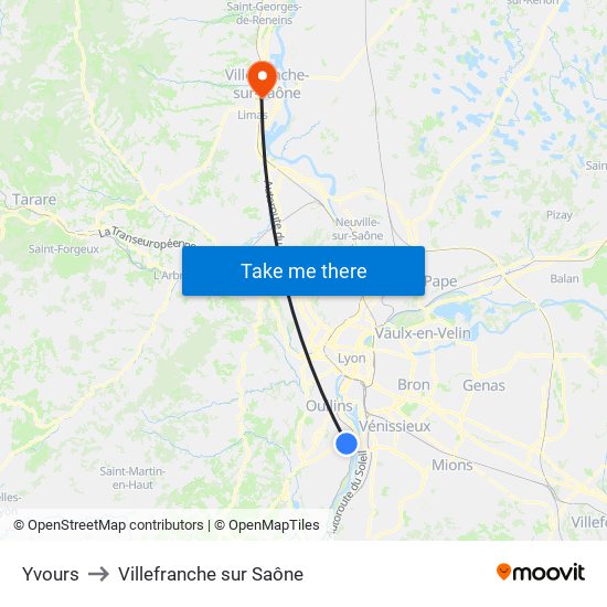 Yvours to Villefranche sur Saône map