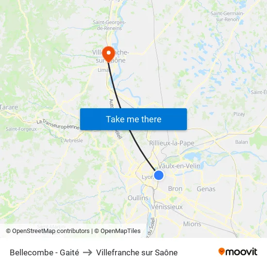Bellecombe - Gaité to Villefranche sur Saône map