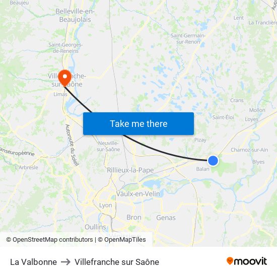 La Valbonne to Villefranche sur Saône map