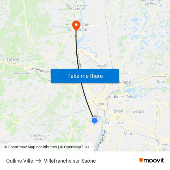 Oullins Ville to Villefranche sur Saône map