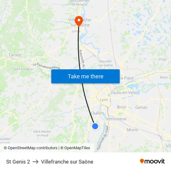 St Genis 2 to Villefranche sur Saône map