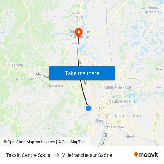 Tassin Centre Social to Villefranche sur Saône map