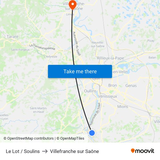 Le Lot / Soulins to Villefranche sur Saône map